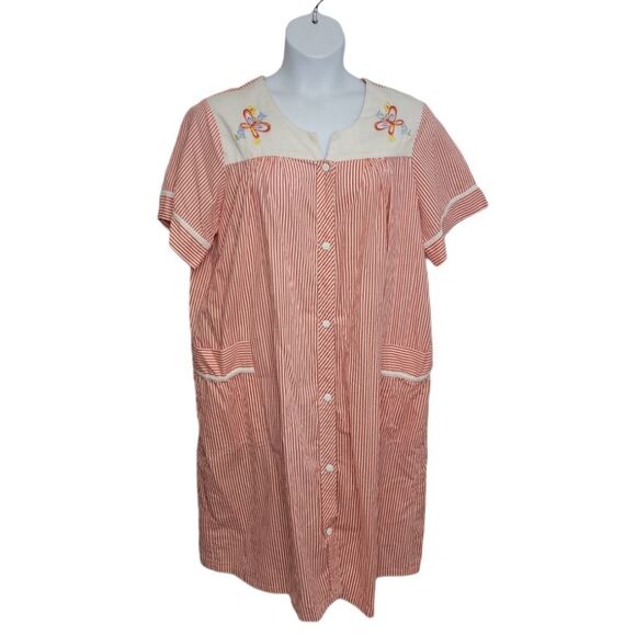 VINTAGE 90s housecoat dress red striped with embroidered butterfly XL - Picture 1 of 8